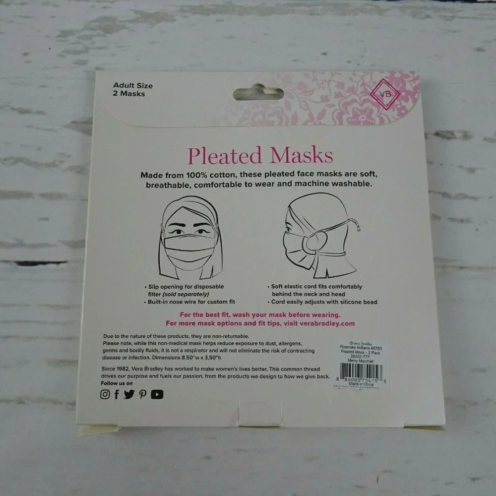 💰3/$25 Vera Bradley 2-Pack Pleated Cloth Face Masks Merry Mischief  Cotton NEW